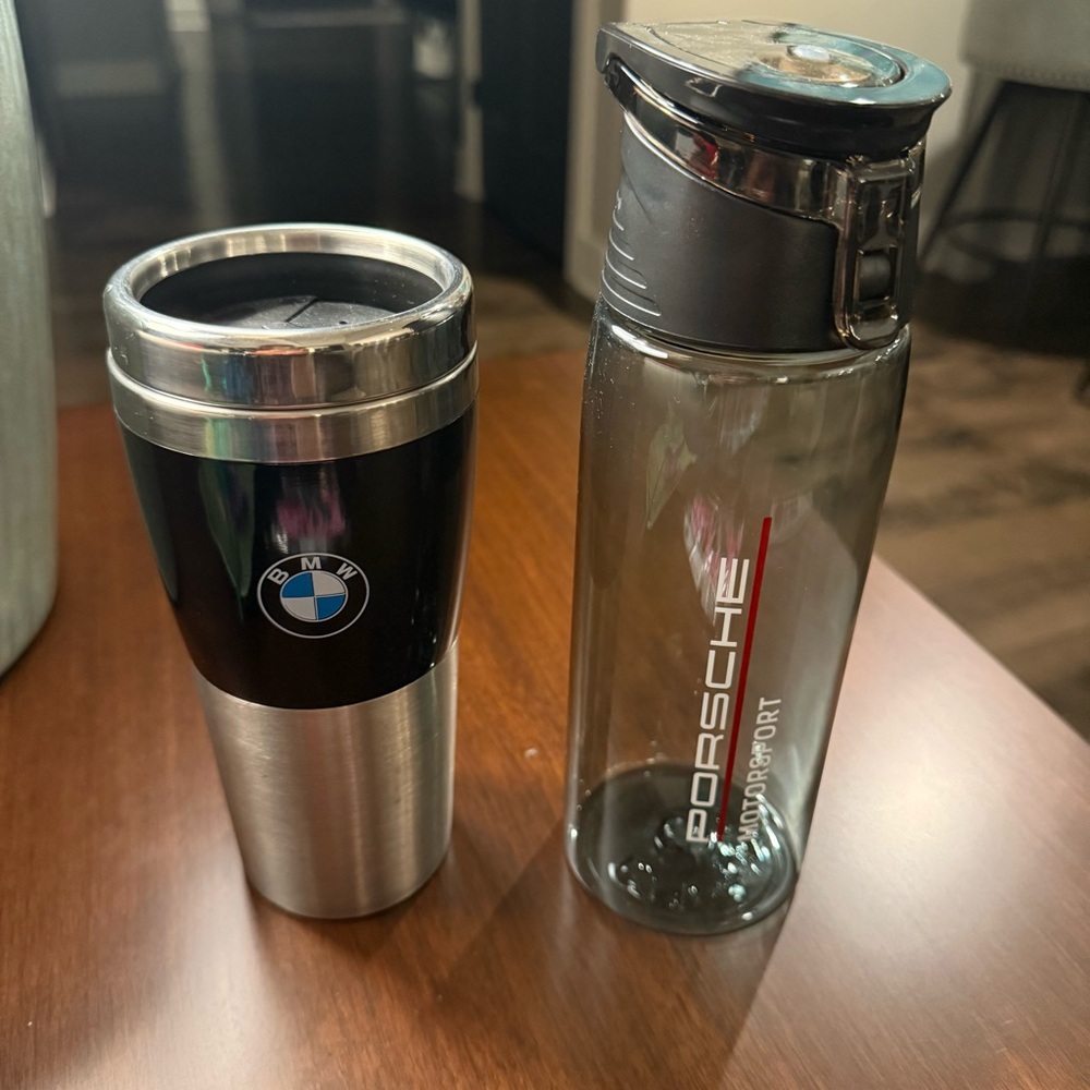 BMW Travel coffee cup & Porsche Water bottle